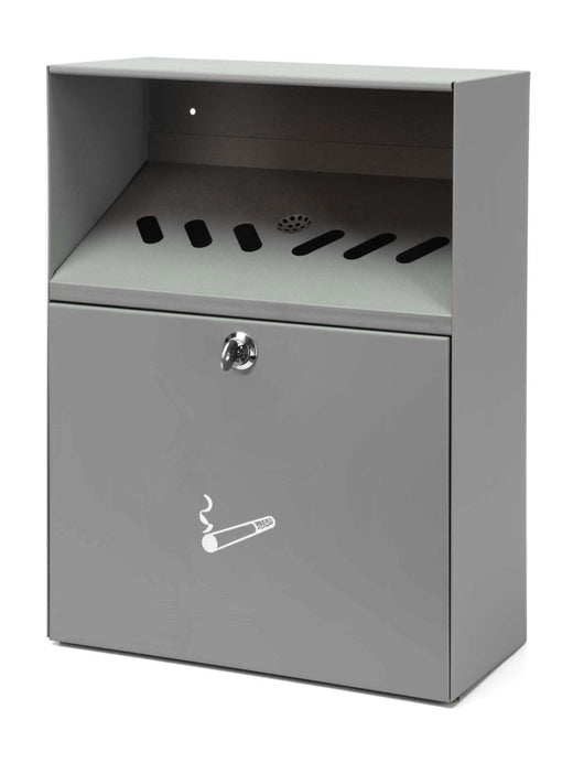 Powder coated, wall mountable cigarette bin with disposal apertures under the rain hood.  Iconography to the front of the bin