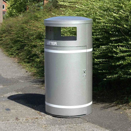 95 Litre Cylindrical Galvanised Steel Outdoor Litter Bin with a two-way aperture.
