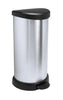40 Litre semi round pedal bin with a silver body with black lid and pedal