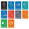Various recycling bin sticker label options available: Black (General Waste), Blue (Paper Waste and Newspapers & Magazines), Teal (Mixed Glass), Red (Plastic Bottles), Grey (Cans), Orange (Cans & Plastic Bottles), Green (Food Waste), and Orange (Mixed Recycling).