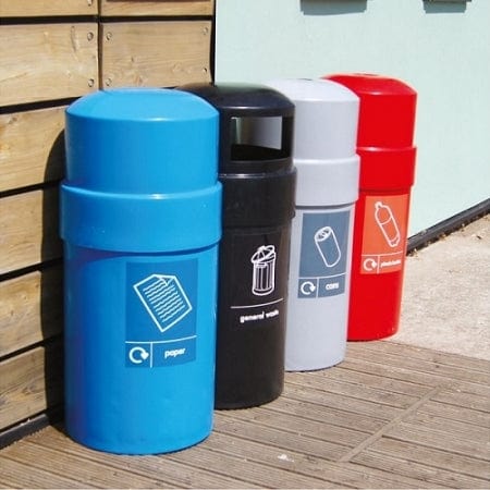 Blue, Black, Grey & Red Dome Top Recycling Bins set outdoors.