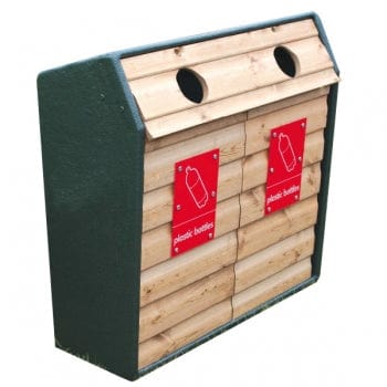 Timber Fronted Double Waste Recycling Unit with a dark textured paint coated frame. 