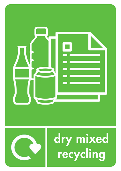 Dry mixed recycling label in lime green with iconography, text and recycling loop
