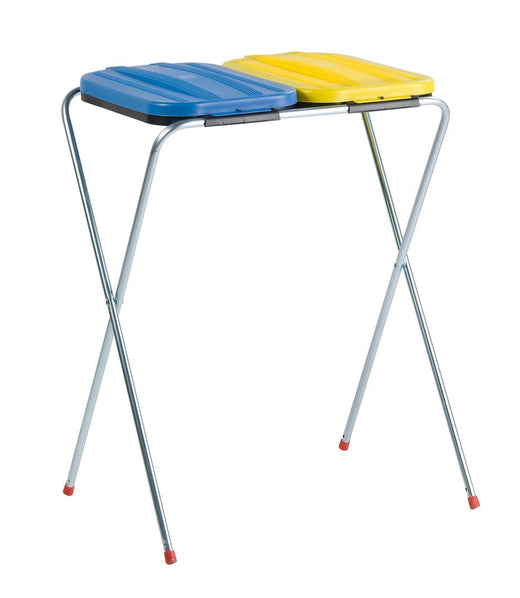 Foldable Double Sack Holder with Blue & Yellow Coloured Lids. Tubular Galvanised Steel Frame.