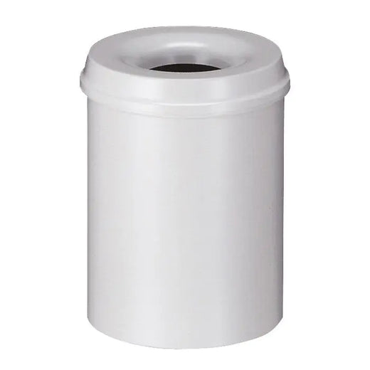 White body and white lidded self extinguishing waste paper bin.  15 Litre capacity with hole aperture to the lid 