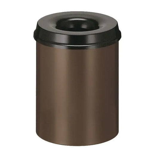 Self extinguishing waste paper bin with a 15 litre capacity, powder coated with a brown body and black lid