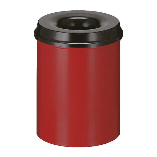 Round litter bin with hole aperture in the black lid, powder coated red body