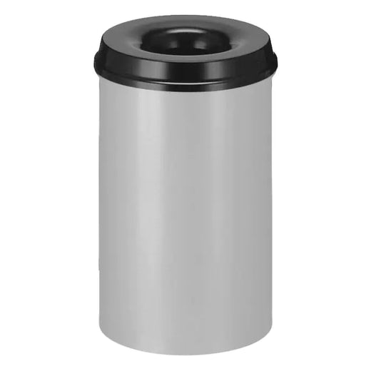 Aluminium grey waste paper bin, black lid with circular aperture to the centre