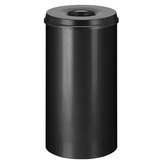 50 Litre self extinguishing waste paper bin powder coated in black with black lid and hole aperture