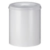 Circular self extinguishing waste paper bin, powder coated with a white body and white lid