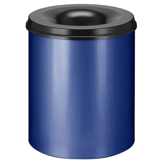 Freestanding Circular litter bin with black lid and blue body, complete with circular aperture in the lid