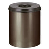 Circular self extinguishing waste paper bin, powder coated in brown with black lid