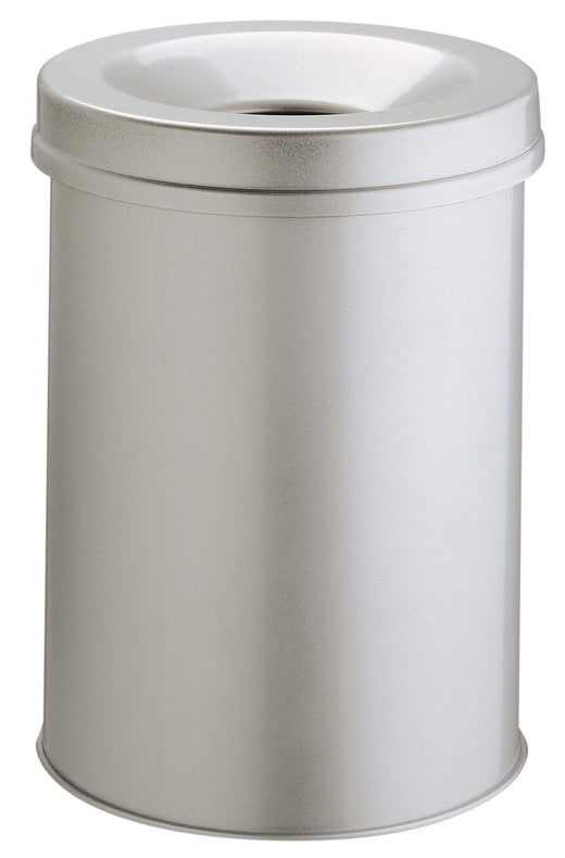 Grey circular self extinguishing waste paper bin with round aperture in the lid