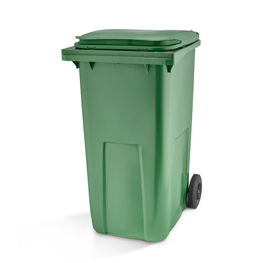 Wheelie bin in green with 240 litre capacity. Fluted front and sides. 