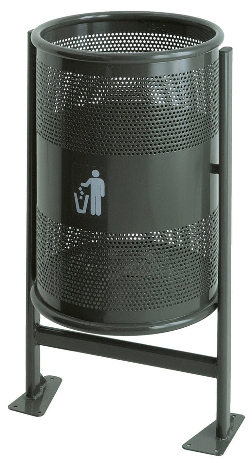 Heavy Duty Cylindrical Freestanding Bin with Perforated Surface detail and a tidy man icon