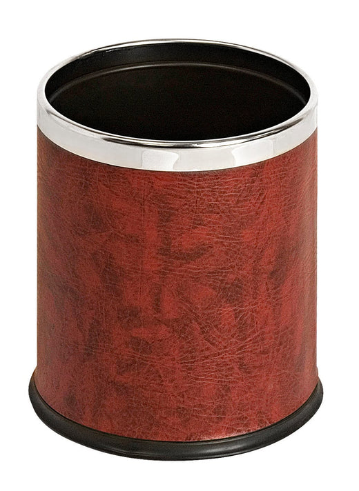 a burgundy-colored paper bin with a leather-effect texture and an open aperture.