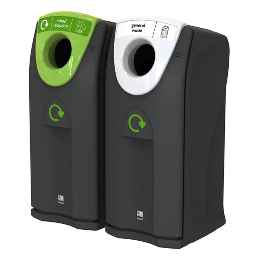 Photo featuring two recycling bins side by side: one with a green aperture designated for mixed recycling, and the other with a white aperture designated for general waste. Both bins have graphic stickers, and black base color.