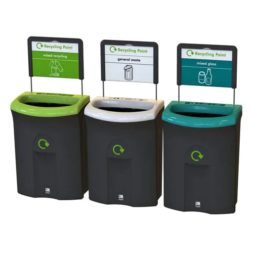 3 black bodied recycling bins with large open lids and attached signage. Colors, from left to right: green, white, blue.