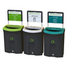 3 black bodied recycling bins with large open lids and attached signage. Colors, from left to right: green, white, blue.