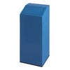 A metal waste bin in blue equipped with a push lid.