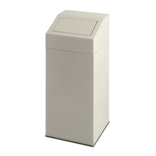 White metal trash can with a push lid.