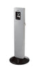 Freestanding cigarette disposal bin with black circular foot plate.  Silver bin with keyed lock and aperture to the top for cigarette disposal