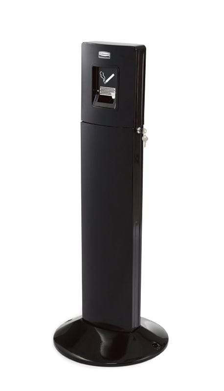 Black freestanding cigarette bin with large round baseplate, aperture for disposal and complete with cigarette iconography