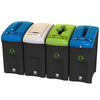 4 trash cans with black base color and various colored lids and input slot. 2 blue lid with slot opening, 1 white lid with lift off lid, and 1 light green propeller aperture