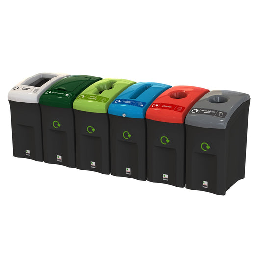 6 mini recycling bins with black base color and different colored lids and aperture styles. 