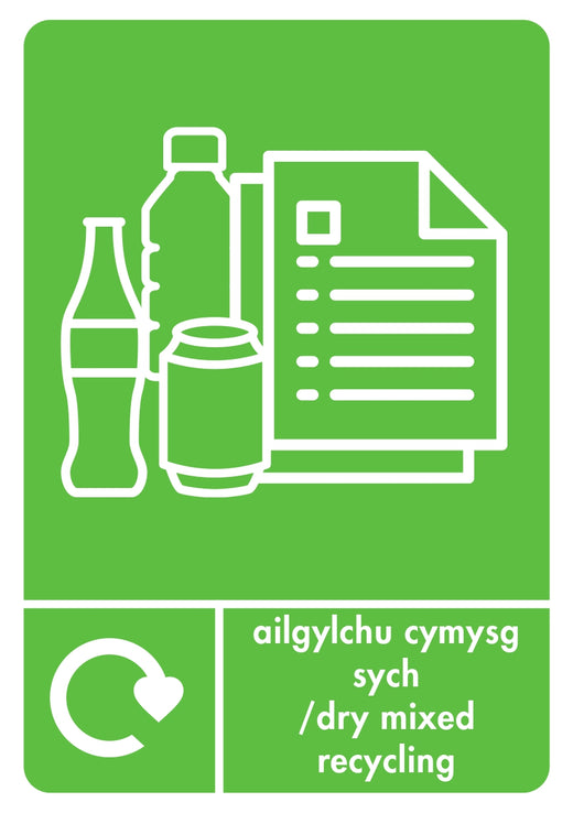 Green Dry Mixed Recycling label Featuring Bilingual Instructions