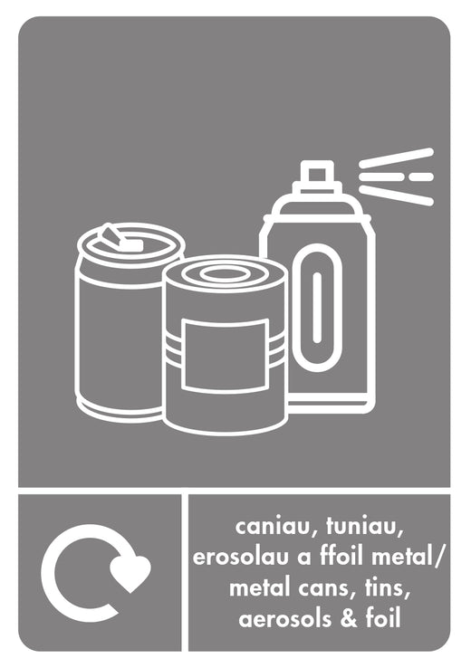 Grey Recycling Bin Sticker for Metal Cans, Tins, Aerosols, & Foil