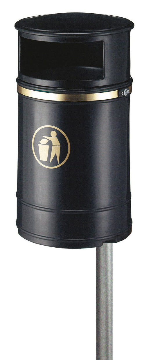 Black rubbish bins come with a round, hooded lid, a generous opening, and a mounting system.