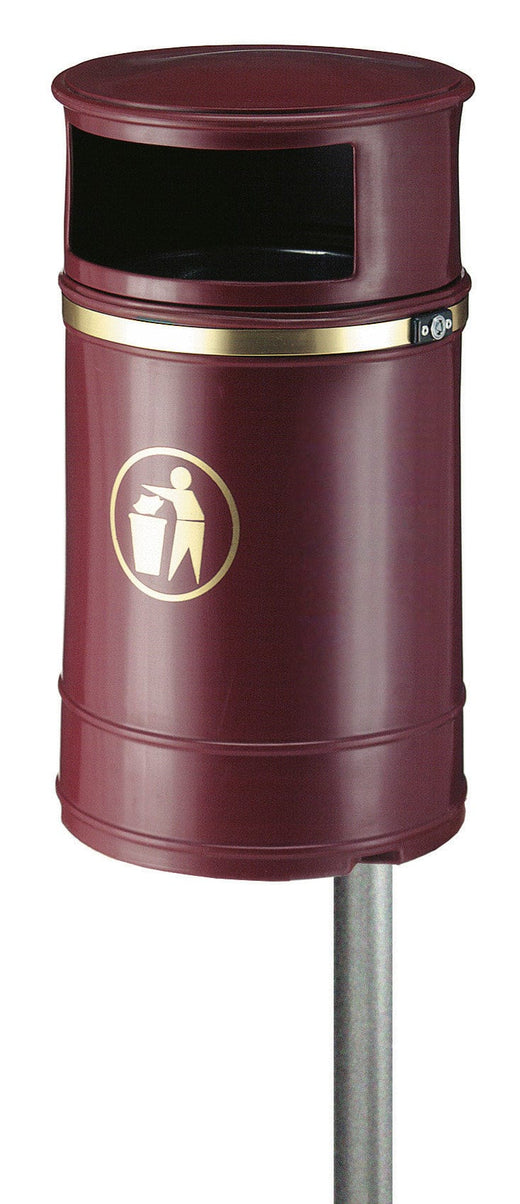 Burgundy waste bins featuring a circular hooded cover and broad inlet, combined with a mounting fixture.