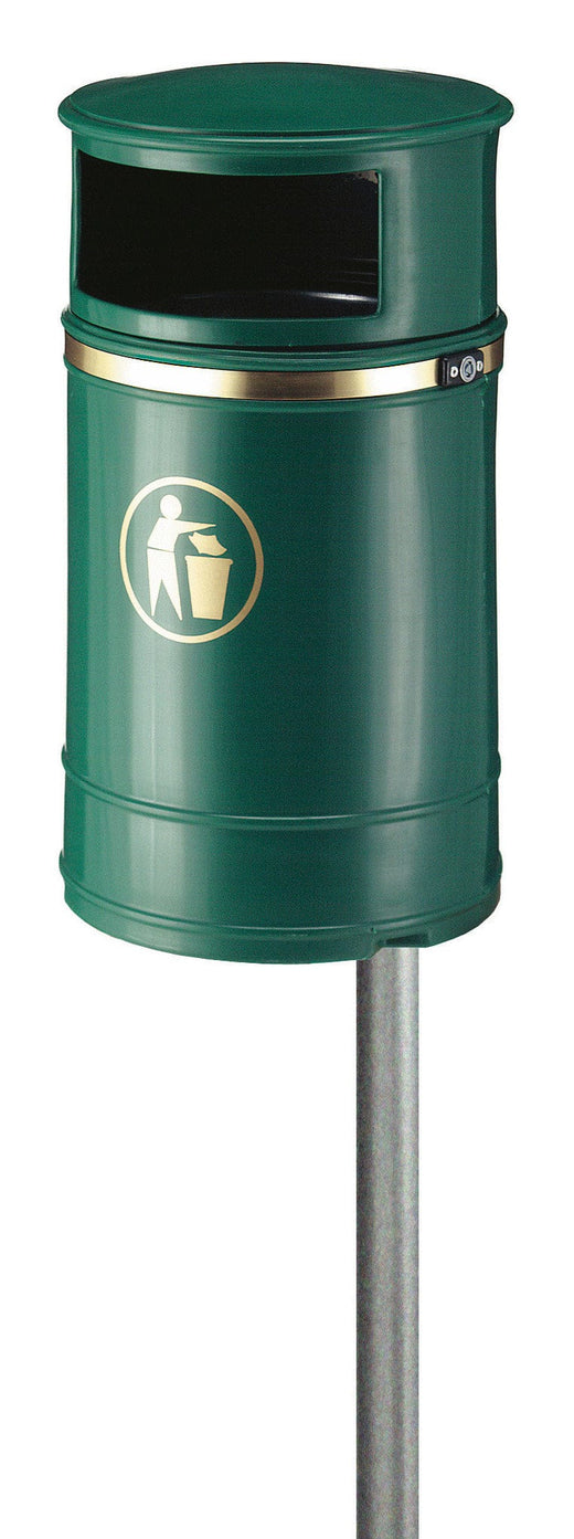 Green garbage bin come equipped with a rounded hooded cover and a large opening, along with an included mount.