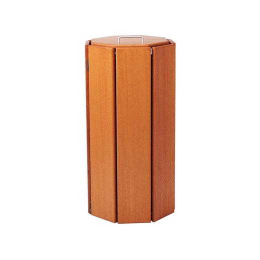 Octagonal wooden litter bin with light oak slats and lid closed with handle