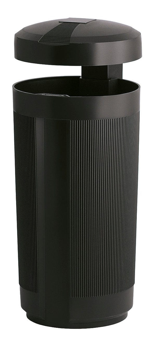 freestanding black litter bin with rain cover and a hooded aperture. 
