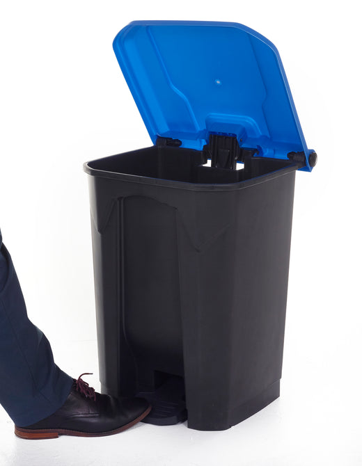 Waste bin with blue lid in open position