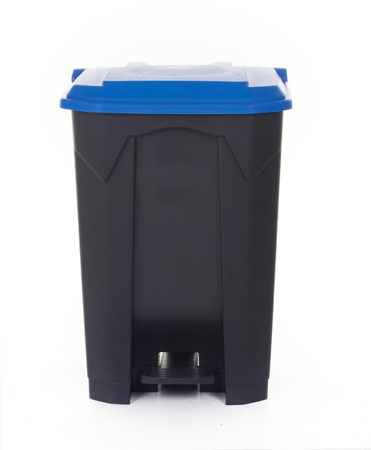 Trash can featuring a blue lid cover