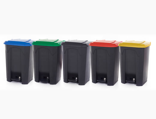Four Trash bin with foot pedals and lids in different colours