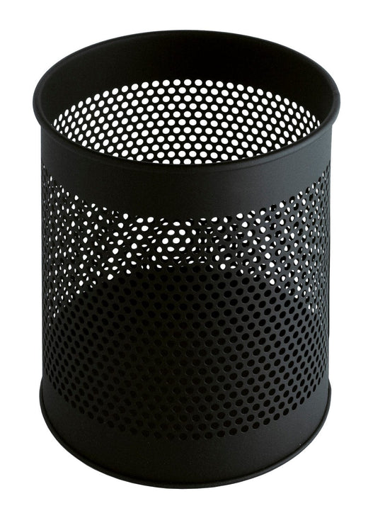 freestanding perforated black rubbish bin with a substantial opening.