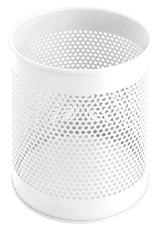 White, perforated garbage can with a large opening has a capacity of 15 liters.