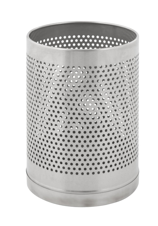 Perforated waste bin with open top aperture made in stainless steel. 
