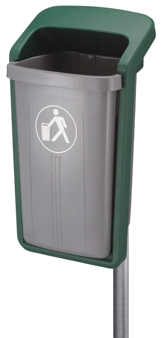 Post mountable litterbin with green surround and removable grey internal base complete with white tidyman iconography