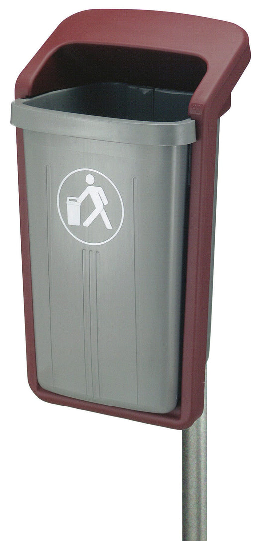 Post mountable litter bin with burgundy surround and grey internal compartment with white tidyman logo