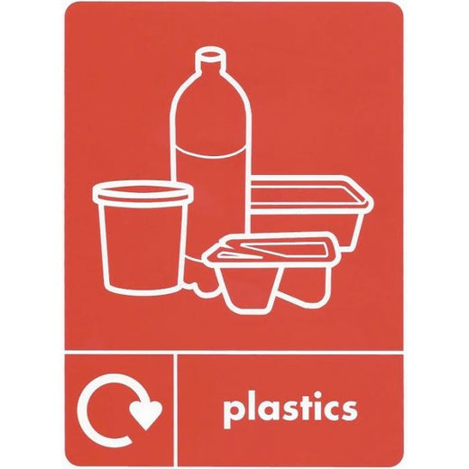 Red A5 reycling label for plastics, white iconography and text for plastics