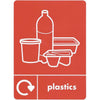 Red A5 reycling label for plastics, white iconography and text for plastics