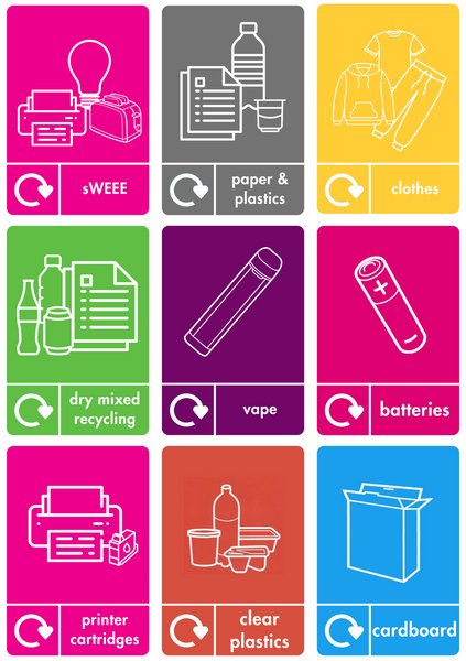 Set of 9 recycling labels, swee, paper and plastics, clothes, dry mixed recycling, vape, batteries, printer cartridges, clear plastics and cardboard