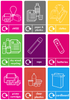 Set of 9 recycling labels, swee, paper and plastics, clothes, dry mixed recycling, vape, batteries, printer cartridges, clear plastics and cardboard