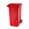 Red wheelie bin with 240 litre capacity, fluted front and sides and lid closed.