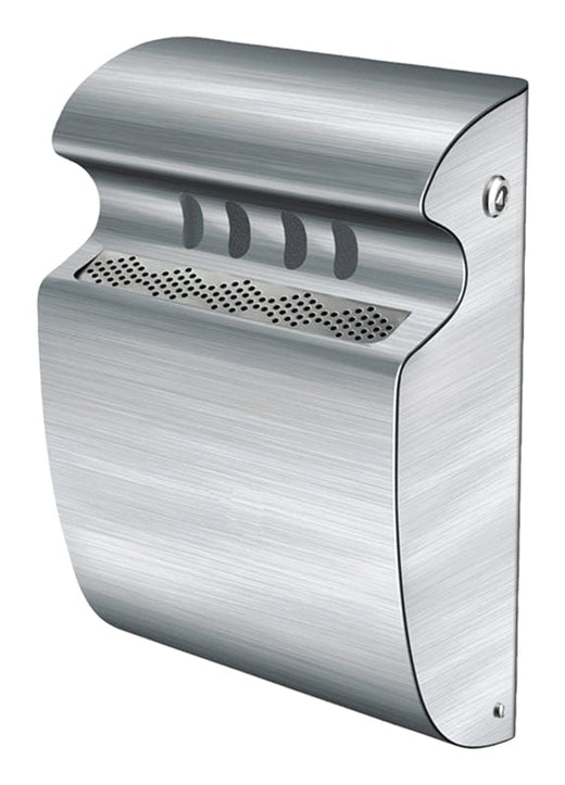 Stainless steel wall mounted cigarette bin with triangular lock to the side and 4 oval apertures to the front